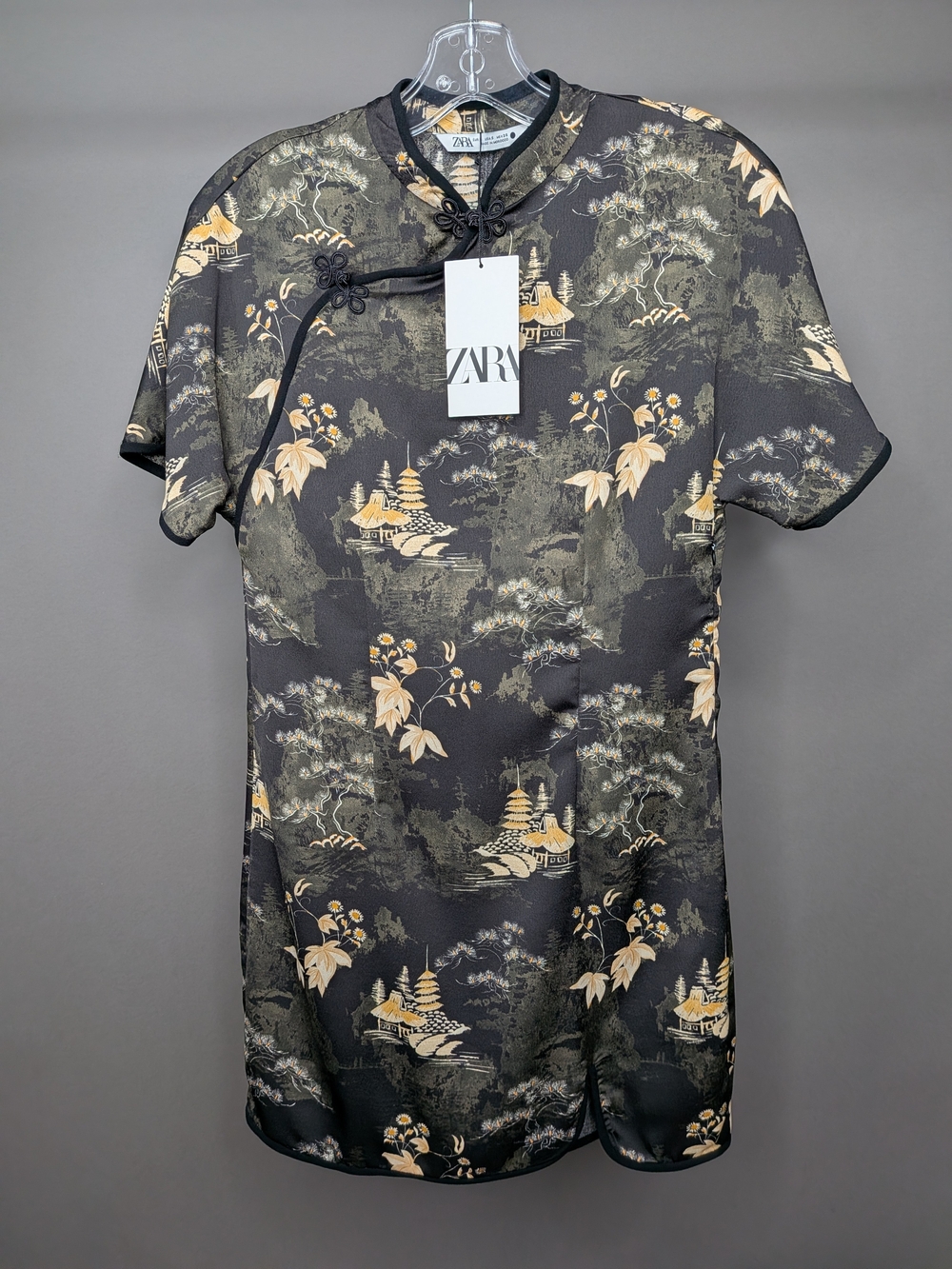 ZARA Black & Gold Floral Mandarin Collar Short-Sleeve Shirt NWT